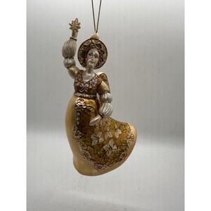 Angel Christmas Ornament Gold Dress Floral Rhinestone Vintage Style